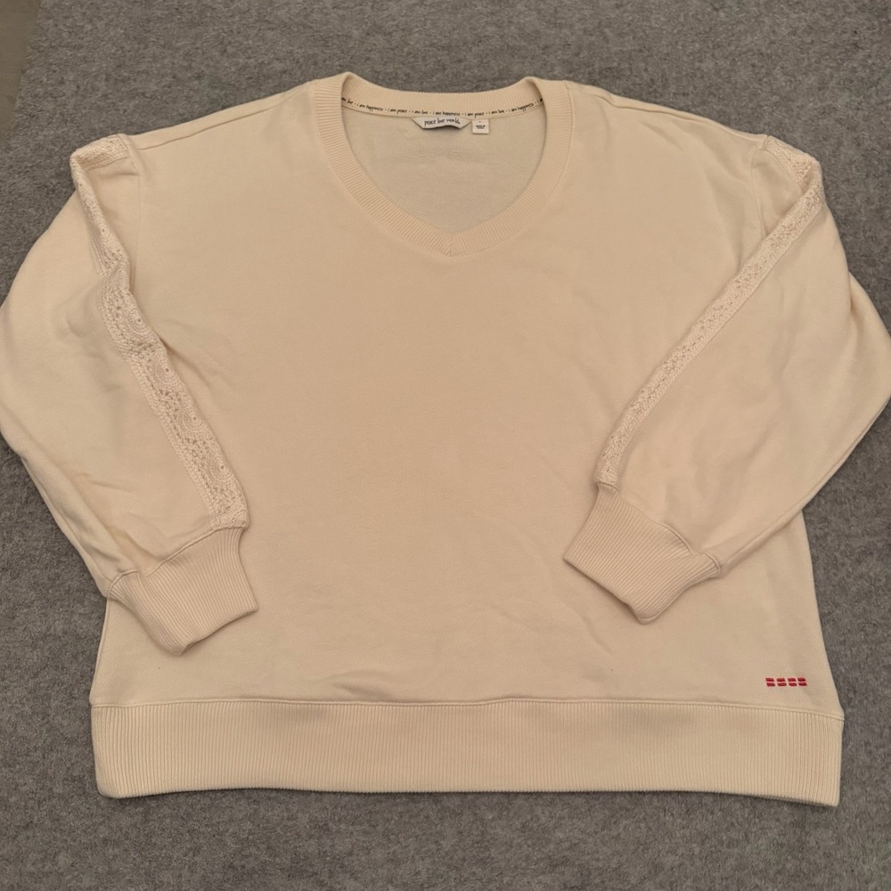 Peace Love World Women's Boheme V-Neck Sweater Crochet Trim Cream Size L
